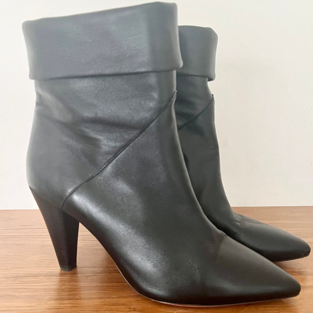 Ba&Sh Leather Cone Heel Ankle Boots Constanza Black Women's Size 39 / 8.5